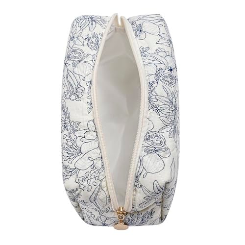 WHHJM Cute Floral Makeup Bag Small Cotton Quilted Cosmetic Bag, Aesthetic Essential Bag Emergency Bag Gift for Women Girls Travel Accessories (Navy Flowers) - Image 2
