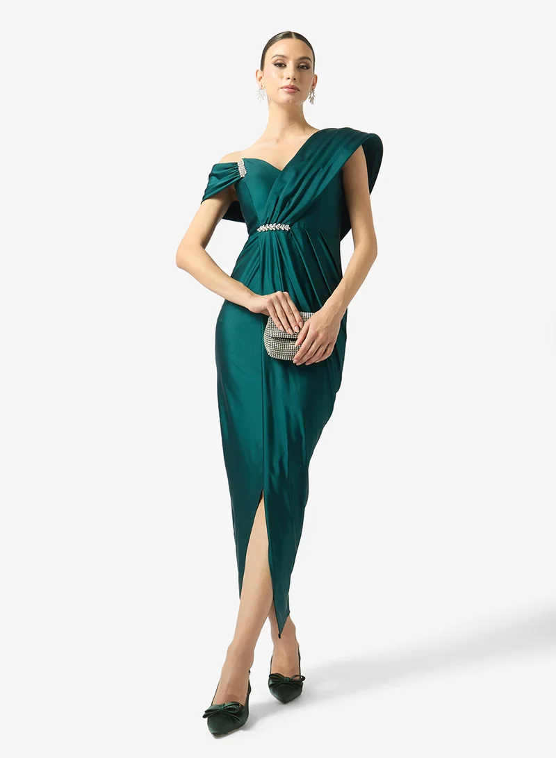 FYOR  Emerald Draped Off-Shoulder Maxi Gown with Embellished Waist Detail for Women | Best Price UAE