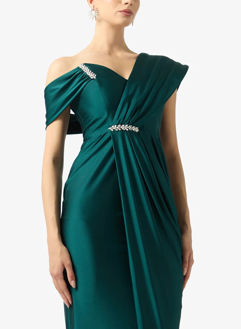 FYOR  Emerald Draped Off-Shoulder Maxi Gown with Embellished Waist Detail for Women | Best Price UAE