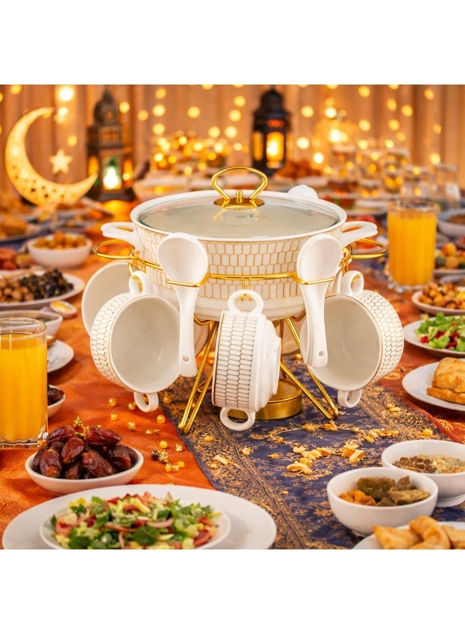 Bin shihoon 🌙 Luxurious Ramadan Soup Set with Warmer – White Porcelain and Elegant Gold Stand ✨🍲  ✨ The warmth of soup… and the elegance of serving it on your Ramadan table ✨ - Image 1