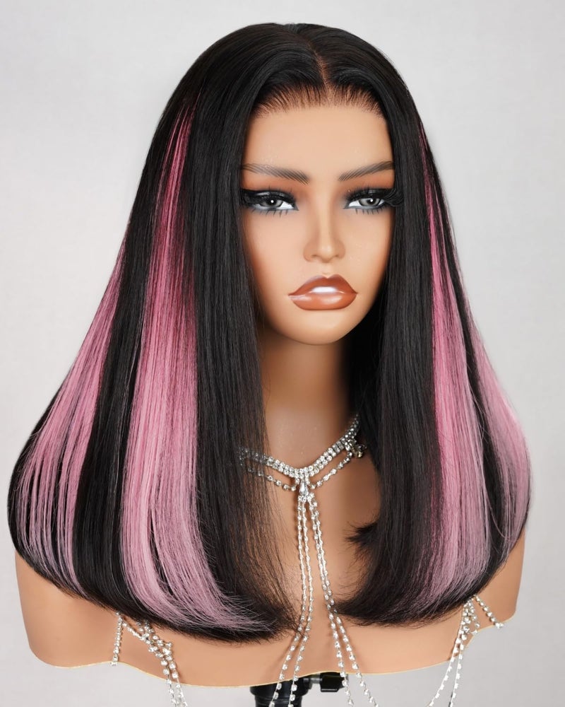 MEGALOOK SalonQuality Glueless Wig Human Hair Pre Cut 6x5 HD Lace Front Wigs With 4 Pcs 1BPink Clip in Extension Pre Plucked Pre Bleached Straight Wig Human Hair for Black Women 18 Inch