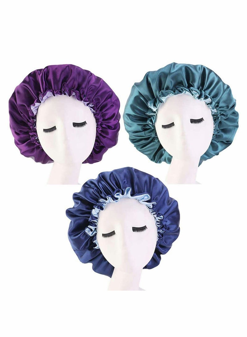 إسكدنيا 3 Pieces Satin Bonnet Adjustable Silk Bonnet Elastic Satin Sleep Hat Shower Caps Hair Bonnet for Women Curly Hair Nightcap 3 Colors - Image 1