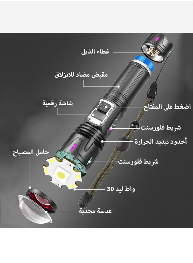 Leon Home Translucent fluorescent strip digital display camping flashlight | 5 modes high lumen flashlight | 800m zoomable 30W LED camping accessory | 2500mAh rechargeable battery, - Image 5