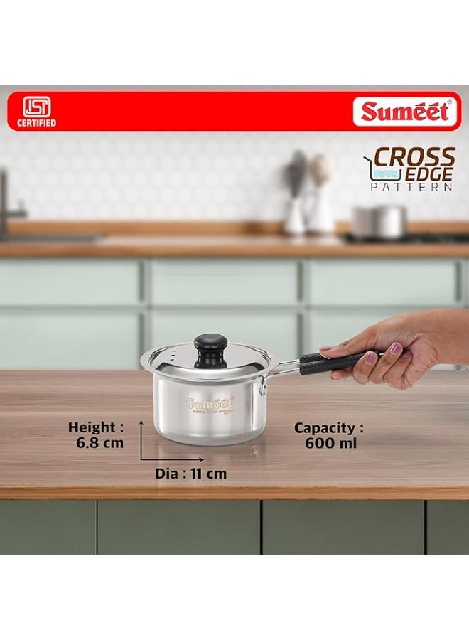 Sumeet ISI Certified HeavyPly Premium Stainless Steel Small Size Cross Edge Induction & Gas Stove Friendly Saucepan/Milk Pan/Tea Maker with Lid - 600ml - Image 3