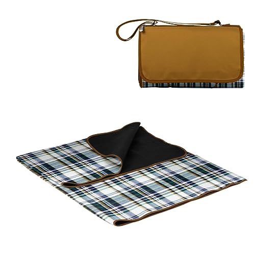 PICNIC TIME Outdoor Picnic Blanket Tote, 59"x51" Foldable Beach & Camping Blanket with Soft Fleece, Water-Resistant Bottom, Adjustable Strap & Zippered Pocket (English Plaid, Beige Flap) - Image 1