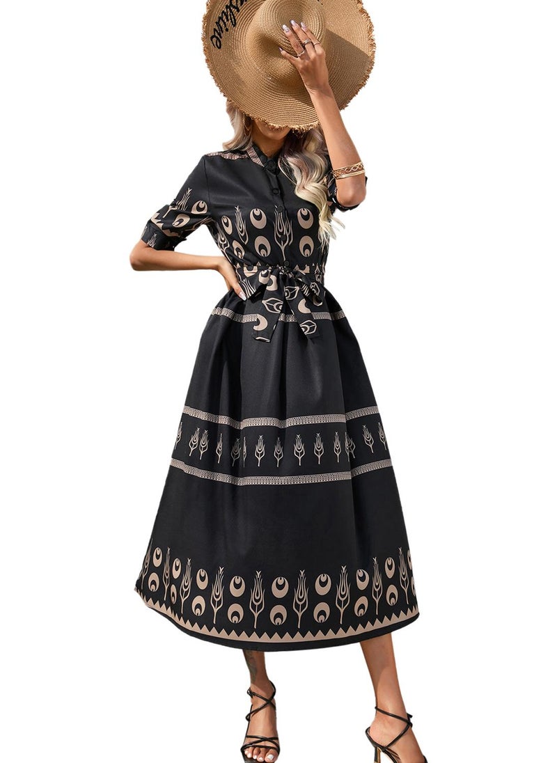 يونيكي فستان مطبوع بحزام - Image 1