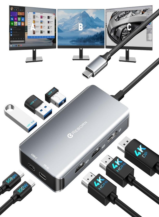 Reborn USB-C Docking Station Dual Monitor Adapter, Laptop Docking Station 3 Monitors Triple Display USBC Hub Dongle to 4K60Hz HDMI+DP,3 USB3.0,100W PD,USB C Data,8-in-1 Dock for Dell,HP,Lenovo,Surface - Image 1