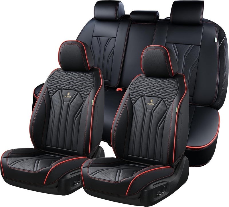FLORICH Leather Seat Covers Full Set Car Seat Protectors 5 Seats Automotive Seat Covers Universal Fit for Most Cars Trucks SUV-Black&Red Line - Image 1