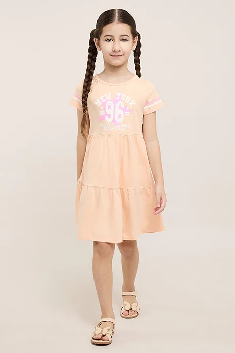 أر أند بي Printed Flared Dress Wit Crew Neck and Short Sleeves