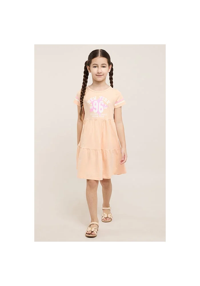 أر أند بي Printed Flared Dress Wit Crew Neck and Short Sleeves