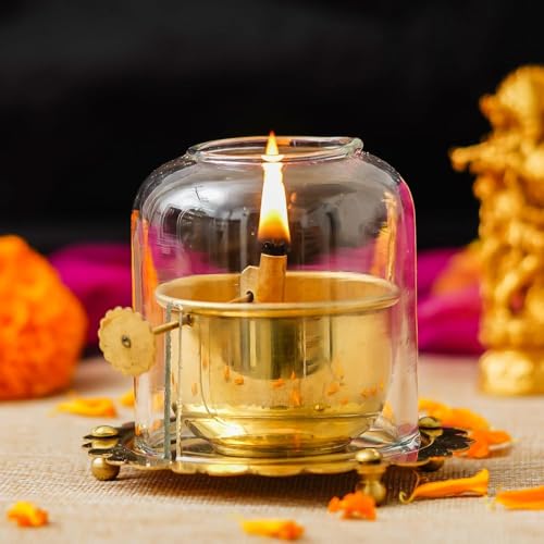 Webelkart Premium Brass Lanterns for Home Decor Akhand Diya with Lifting Screw for Puja Decor|Oil Puja Lamp for Aarti Temple Pooja Article (4.53 Inches) - Image 3