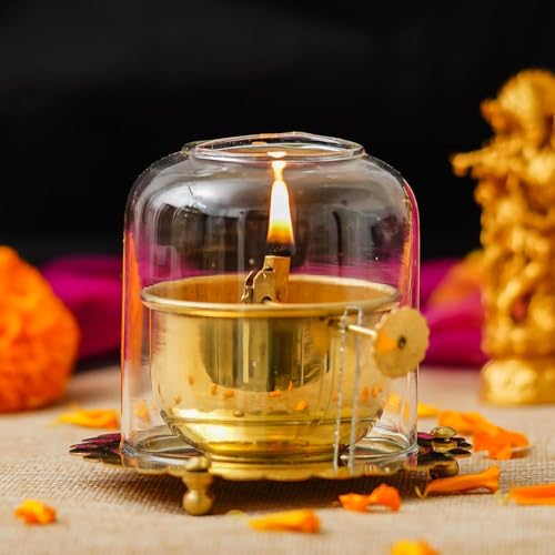 Webelkart Premium Brass Lanterns for Home Decor Akhand Diya with Lifting Screw for Puja Decor|Oil Puja Lamp for Aarti Temple Pooja Article (4.53 Inches) - Image 2