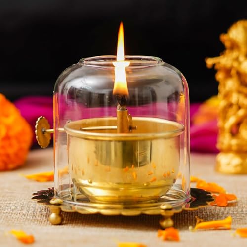 Webelkart Premium Brass Lanterns for Home Decor Akhand Diya with Lifting Screw for Puja Decor|Oil Puja Lamp for Aarti Temple Pooja Article (4.53 Inches) - Image 1
