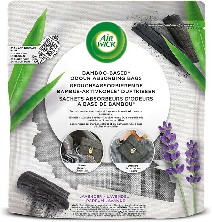 Air Wick Bamboo Activated Charcoal Scented Pillow Lavender Odor Remover and Air Freshener for Cars Wardrobes Drawers and More with Dehumidifier Function 6 x 60g