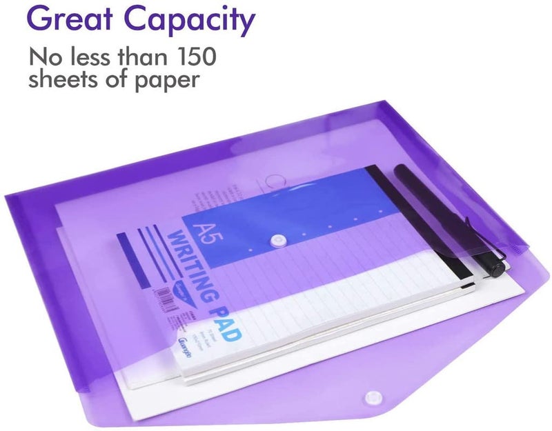 CAMPIO A4, FS Size Envelope Document Certificates File Folder Bag Multicolor Holder Storage Case Snap Button Clear Plastic Container for Papers Stationery (Pack of 40) - Image 4
