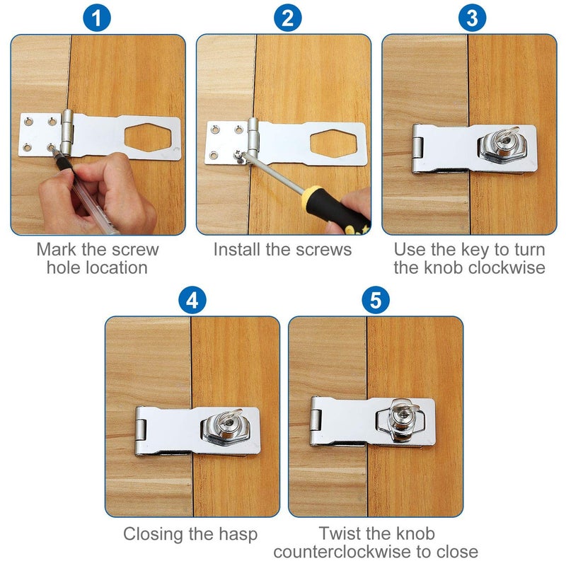 APACALI Keyed Hasp Locks with Screws 4 Inch Safety Hasp with Lock, Metal Twist Knob Keyed Locking Hasp (Silver-4PCS) - Image 3