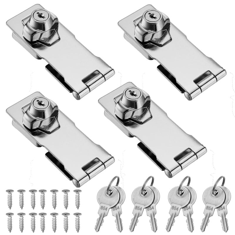 APACALI Keyed Hasp Locks with Screws 4 Inch Safety Hasp with Lock, Metal Twist Knob Keyed Locking Hasp (Silver-4PCS) - Image 1