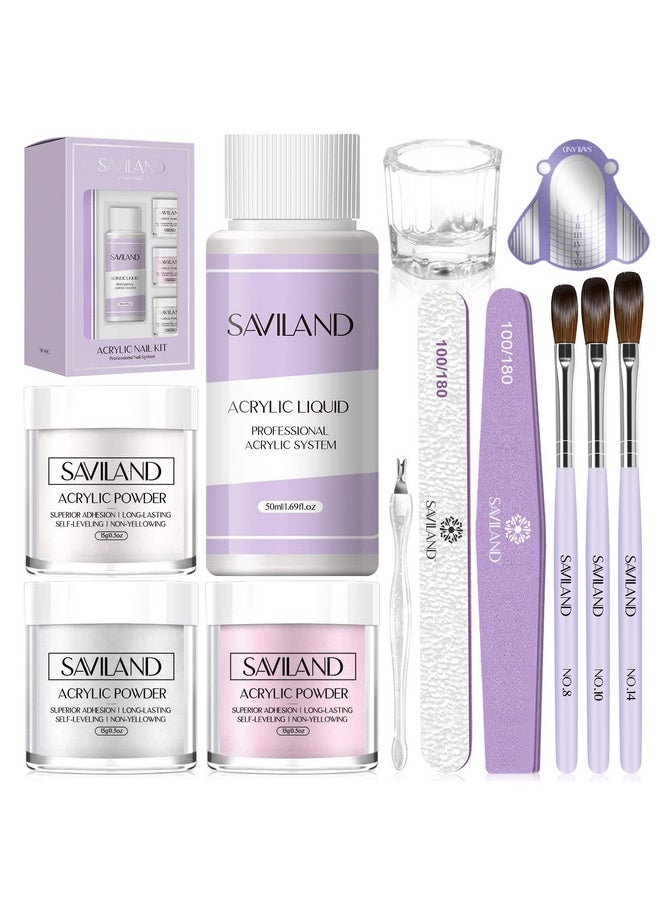 Saviland Acrylic Nail Kit: Allinone Beginner Nail Kit 15G Clear/White/Pink Acrylic Powder And Liquid Set With Acrylic Nail Brush Nail Forms Glass Dappen Dish Easy To Use Nails Kit Acrylic Set  - Image 1