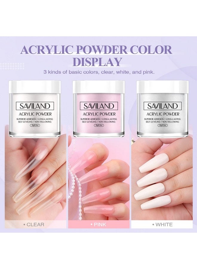 Saviland Acrylic Nail Kit: Allinone Beginner Nail Kit 15G Clear/White/Pink Acrylic Powder And Liquid Set With Acrylic Nail Brush Nail Forms Glass Dappen Dish Easy To Use Nails Kit Acrylic Set  - Image 3