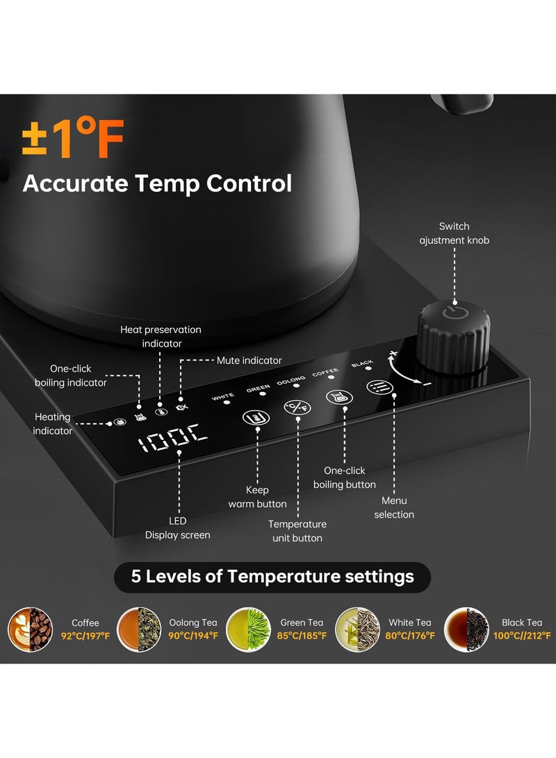 Perfin V60 Gooseneck Electric Kettle, 1000W Pour Over Coffee & Tea Kettle with ±1℃ Temperature Control& 5 Preset Temperature,  24H Keep Warm, Timer & Memory Function, 600ml - Image 4