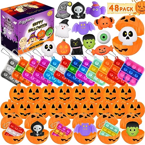 Aigybobo 48 Halloween Toys Pack with Pumpkin Box Halloween Party Favors Gifts for Kids Halloween Goodie Bag Stuffers with Bubble Push it Keychain Halloween Prizes Treats Non Candy School Classroom Favors - Image 1