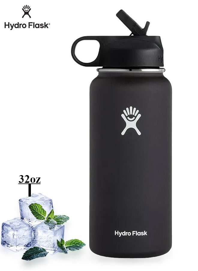 Hydro Flask 32oz Vacuum Insulated Water Bottle with Straw Lid, Keeps Drinks Cold or Hot for Workouts, Travel and Everyday Use, Black  - Image 1