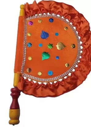 DIGSMORDEN DIGSMORDEN Velvet Cloth Hand Made Beautiful Traditional Orange Color Hand Fan with Wooden Handle for Cool Air Home Decor Travel use Pack of 2  - Image 2