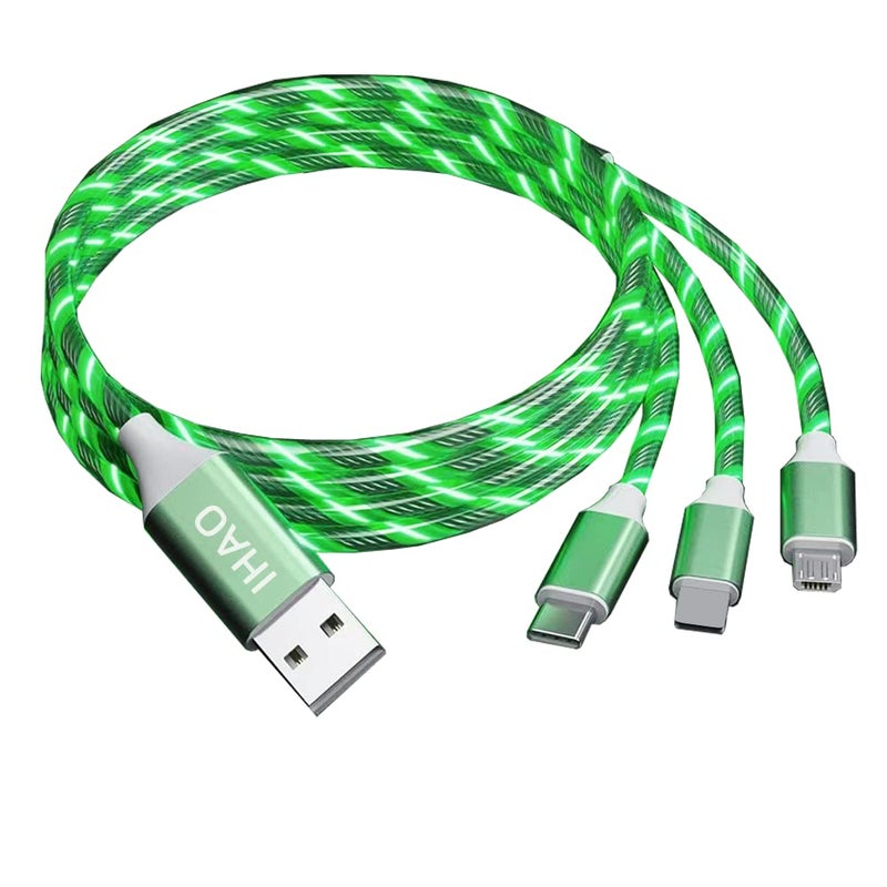 IHAO 3-in-1 Fast Charging LED Cable - Type C, Micro USB, iPhone Ports - Visible Current Flow, 39 Inch - Green - Image 2