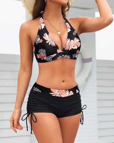 Holipick Two Piece Bathing Suit with Shorts for Women Push Up Bikini Swimsuit Set with Boy Short Black Floral - Image 3