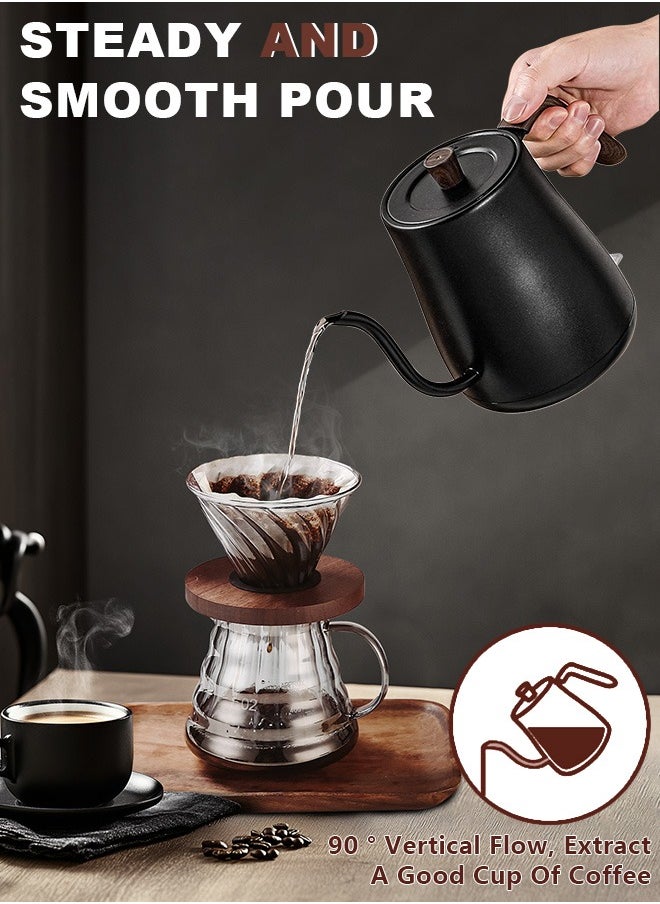 Xoopla - Gooseneck Electric Kettle,Electrically Heated Household Kettle Perfect for Boiling Water/Milk/Tea/Coffee,Protection from Overheating and Dry Boil,Pour-Over Kettle with 304 Stainless Steel Inner,360-Degree Rotation Base,Auto Safety Off,Wooden Handle,0.8L,1000W,Black - Image 1