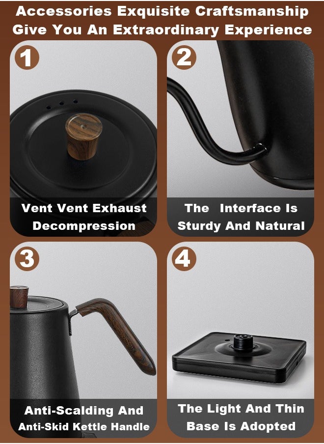 Xoopla - Gooseneck Electric Kettle,Electrically Heated Household Kettle Perfect for Boiling Water/Milk/Tea/Coffee,Protection from Overheating and Dry Boil,Pour-Over Kettle with 304 Stainless Steel Inner,360-Degree Rotation Base,Auto Safety Off,Wooden Handle,0.8L,1000W,Black - Image 1