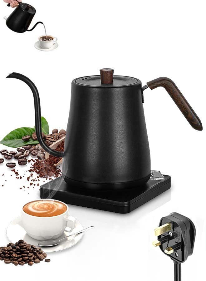 Gooseneck Electric Kettle,1000W 0.8L Electrically Heated Household Kettle Perfect for Boiling Water/Milk/Tea/Coffee,Protection from Overheating and Dry Boil,Pour-Over Kettle with 304 Stainless Steel Inner,360-Degree Rotation Base,Auto Safety Off,Wooden Handle,Black