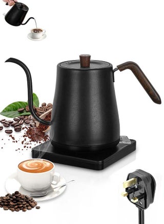 Gooseneck Electric Kettle,1000W 0.8L Electrically Heated Household Kettle Perfect for Boiling Water/Milk/Tea/Coffee,Protection from Overheating and Dry Boil,Pour-Over Kettle with 304 Stainless Steel Inner,360-Degree Rotation Base,Auto Safety Off,Wooden Handle,Black