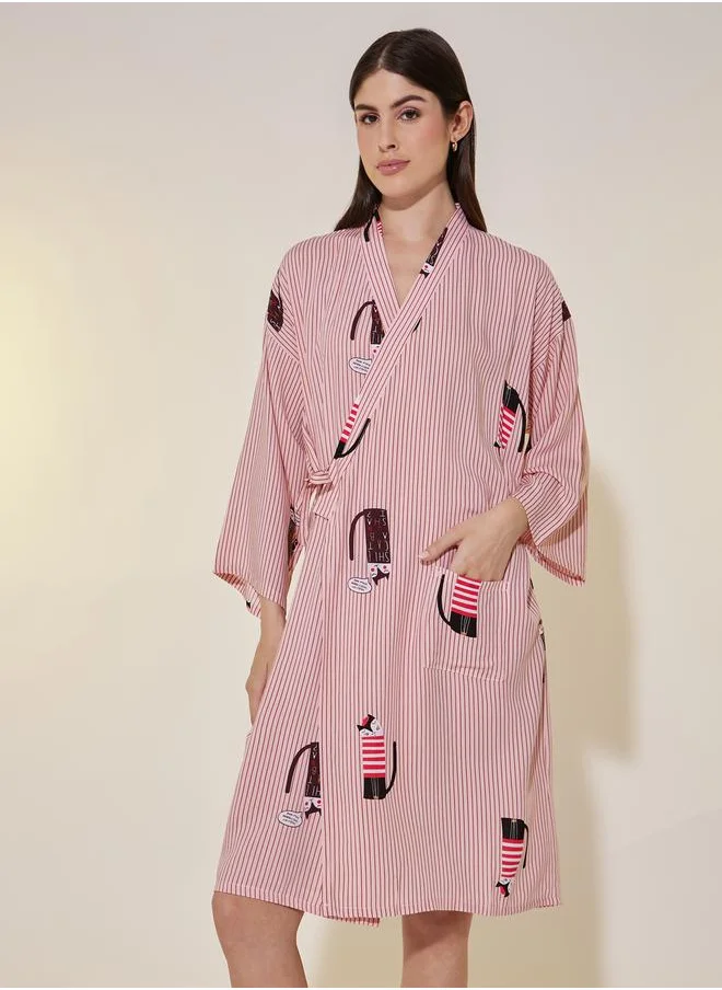 Styli Striped Printed Waist Tie-Up Robe with Pocket