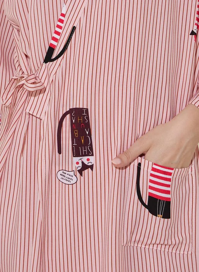 تايك تو Striped Printed Waist Tie-Up Robe with Pocket