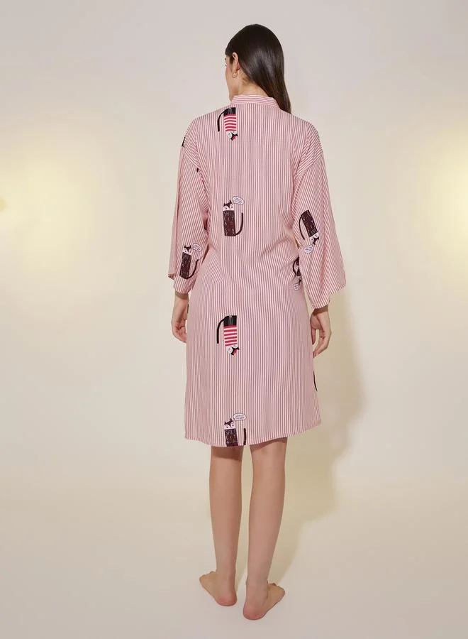 تايك تو Striped Printed Waist Tie-Up Robe with Pocket