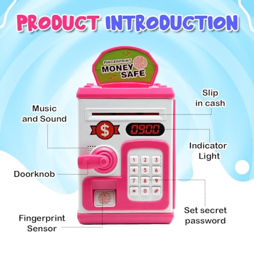 Gooyo GY-3011 Toy Money Bank with Fingerprint Sensor & Password Protection Feature | Money Safe Toy with Sound Effects | Money Saving Toy for Kids | Pink, Power Source : 3xAA Batteries (Not Included) - Image 2