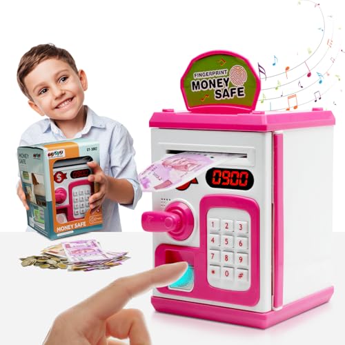 Gooyo GY-3011 Toy Money Bank with Fingerprint Sensor & Password Protection Feature | Money Safe Toy with Sound Effects | Money Saving Toy for Kids | Pink, Power Source : 3xAA Batteries (Not Included) - Image 1