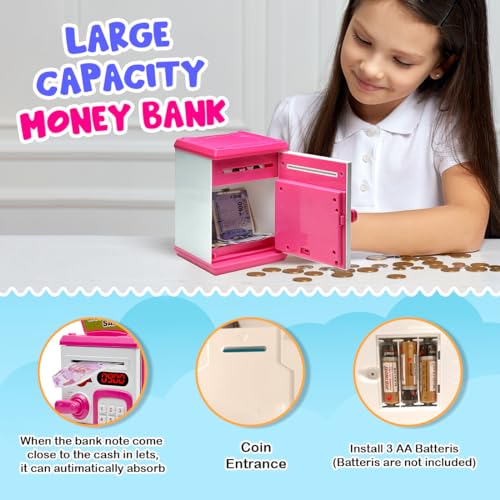 Gooyo GY-3011 Toy Money Bank with Fingerprint Sensor & Password Protection Feature | Money Safe Toy with Sound Effects | Money Saving Toy for Kids | Pink, Power Source : 3xAA Batteries (Not Included) - Image 5