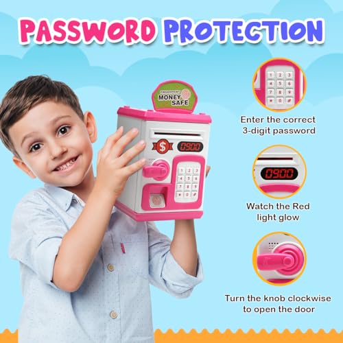 Gooyo GY-3011 Toy Money Bank with Fingerprint Sensor & Password Protection Feature | Money Safe Toy with Sound Effects | Money Saving Toy for Kids | Pink, Power Source : 3xAA Batteries (Not Included) - Image 4