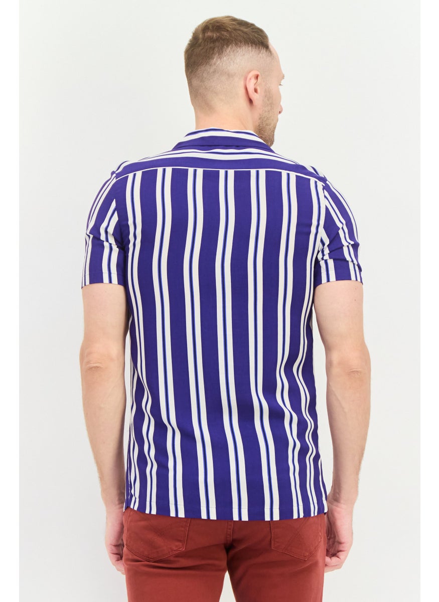 Asos Design - Men Regular Fit Stripe Short Sleeves Casual Shirt, Purple - Image 1