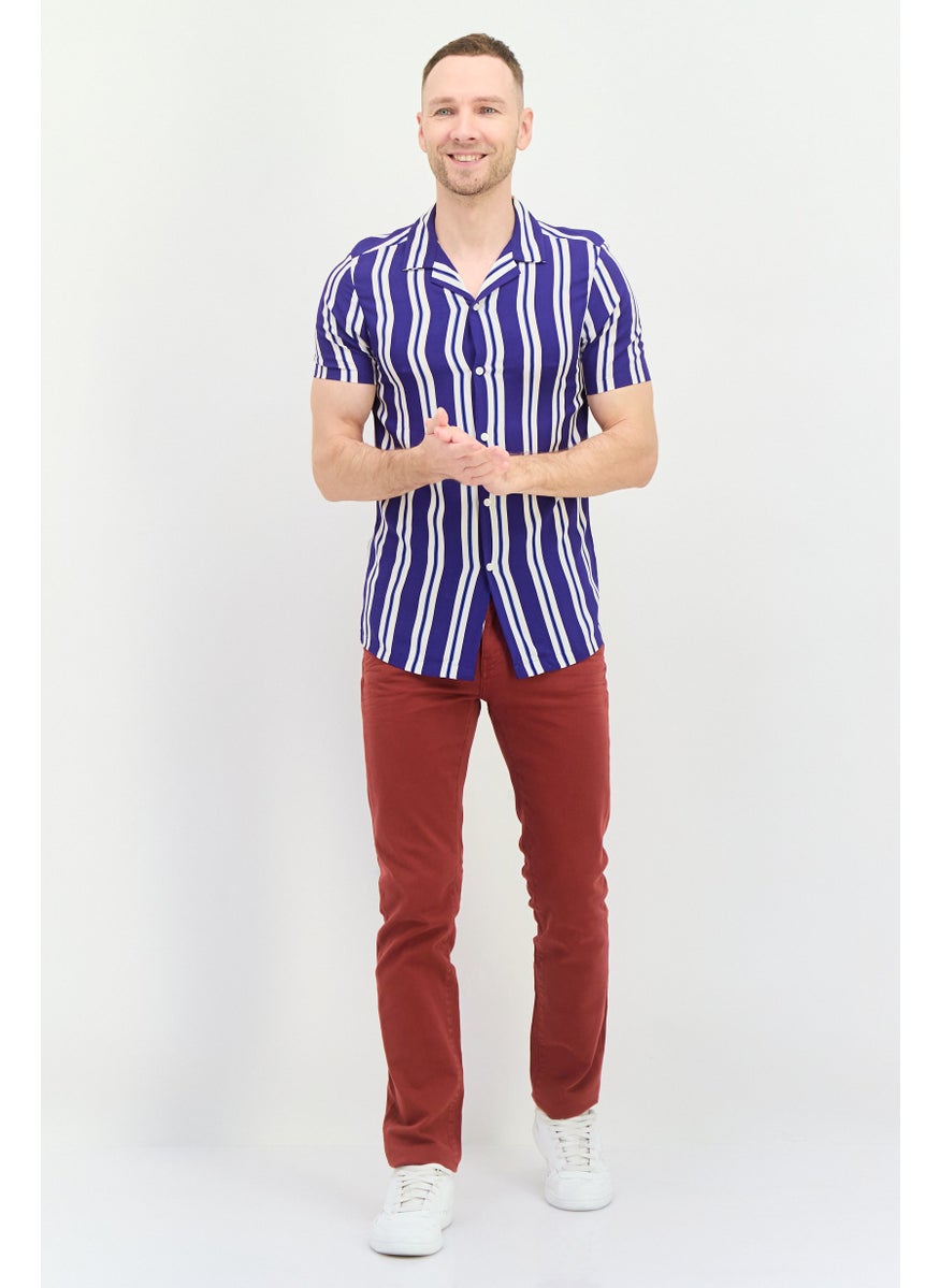 Asos Design - Men Regular Fit Stripe Short Sleeves Casual Shirt, Purple - Image 1