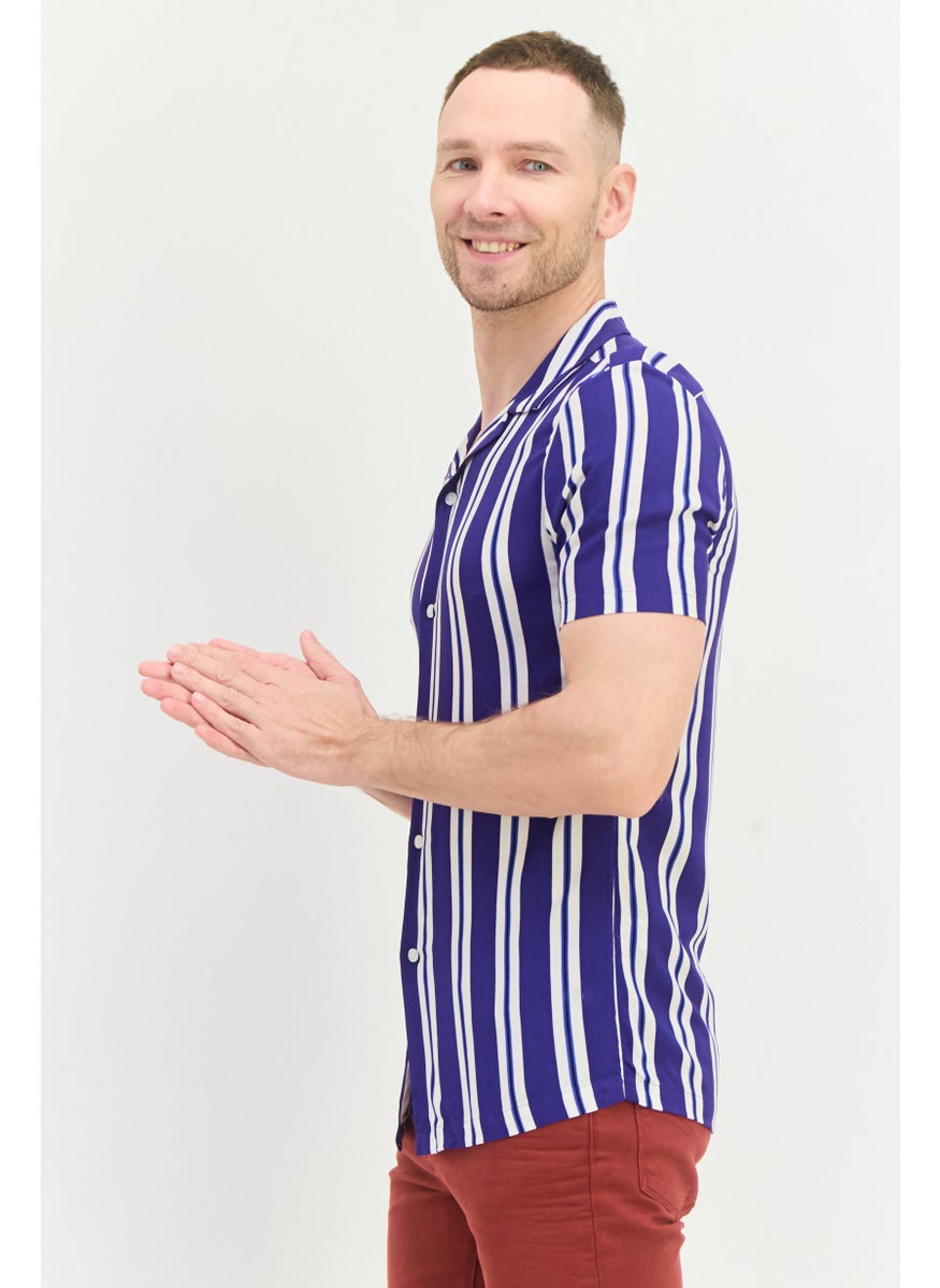 Asos Design - Men Regular Fit Stripe Short Sleeves Casual Shirt, Purple - Image 1