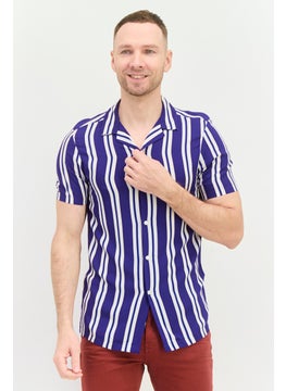 Men Regular Fit Stripe Short Sleeves Casual Shirt, Purple