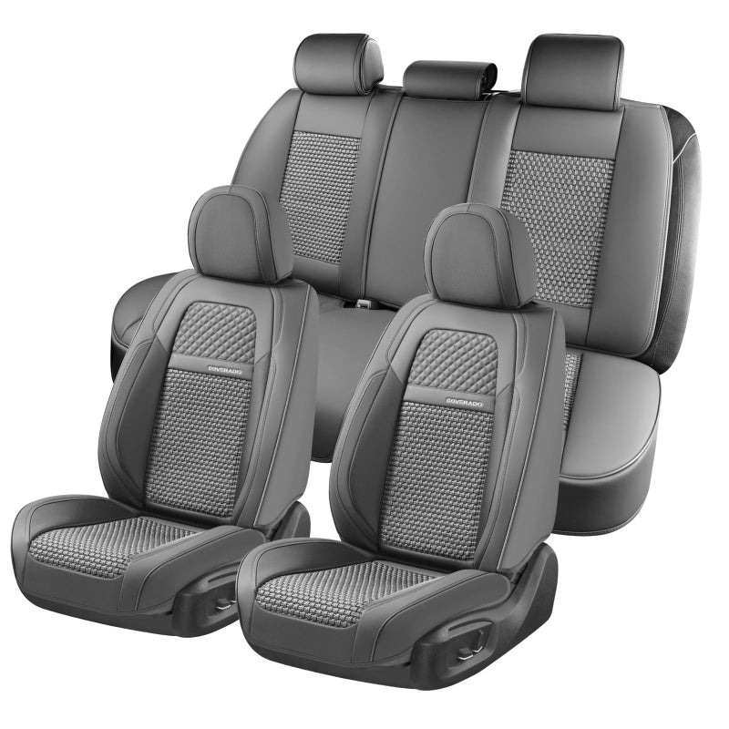Coverado Car Seat Covers Full Set Nappa Leather Seat Covers for Cars Waterproof Car Seat Protector Front and Back Seats Universal Fit for Most Vehicles Gray