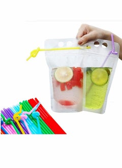 Excefore 50 Pcs Drink Pouches with Straws Stand Up Hand Held Translucent Reclosable Heat Proof Plastic Zipper Juice Bags - 9.06" x 5.12"/17 Oz  - Image 1