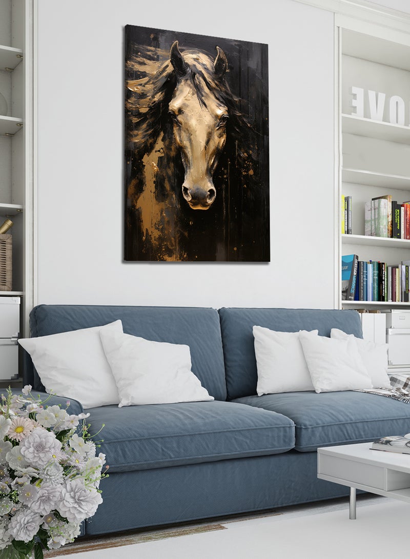 لوحة كانفاس على إطار خشبي بتصميم حصان ذهبى - Image 2