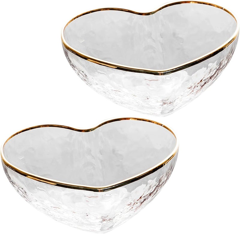 BESTonZON 2pcs Heart-shaped Dessert Bowls Glass with Gold Rim, Small 150ml Food Container for Jelly, Candy, Fruit, and Pudding Serving in Kitchen and Dining - Image 1