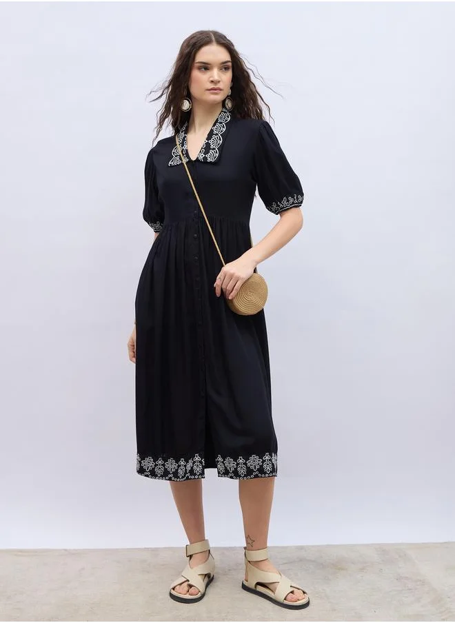 ستايلي Styli Embroidered V Neck Puff Sleeves A-Line Midi Dress