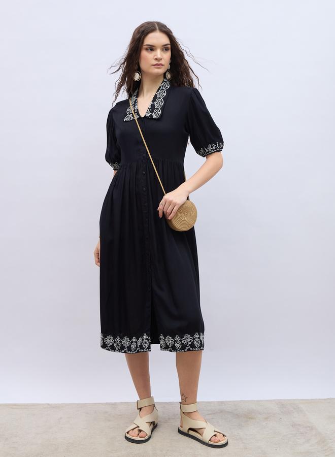 Styli Embroidered V Neck Puff Sleeves A-Line Midi Dress - Image 1